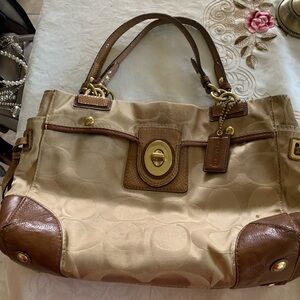 Used authentic Coach Tan and Brown Signature Tote Bag